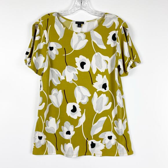 Ann Taylor Green Retro Floral Split Shoulder Wrinkle Resistant Top Womens Sz M - Picture 3 of 12
